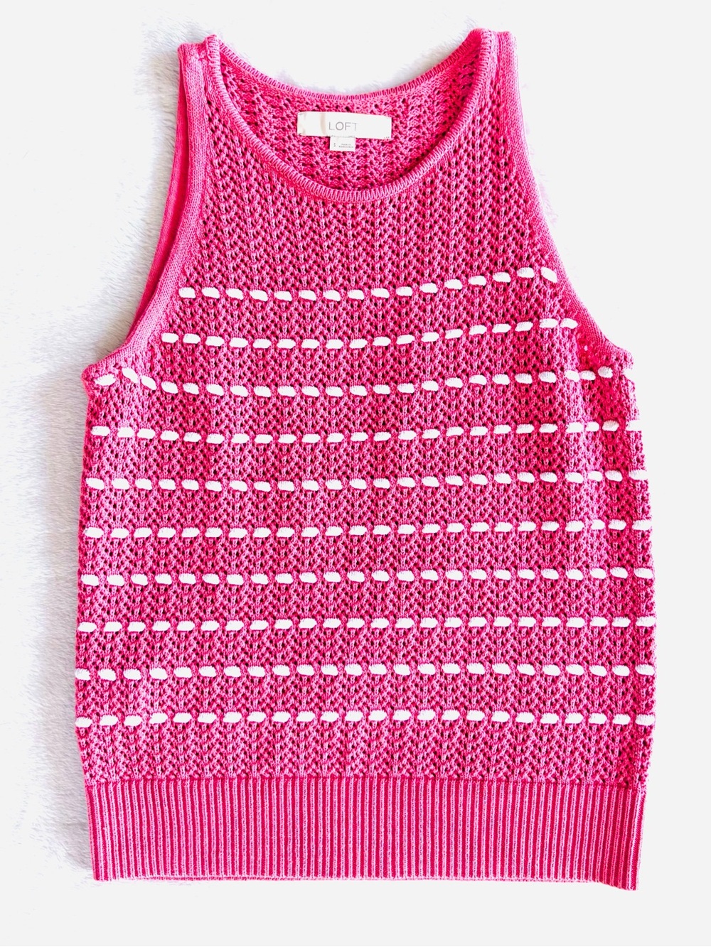 LOFT Sweater Knit Tank with Bobble Basket Weave Stripes, Pink & White, Size S